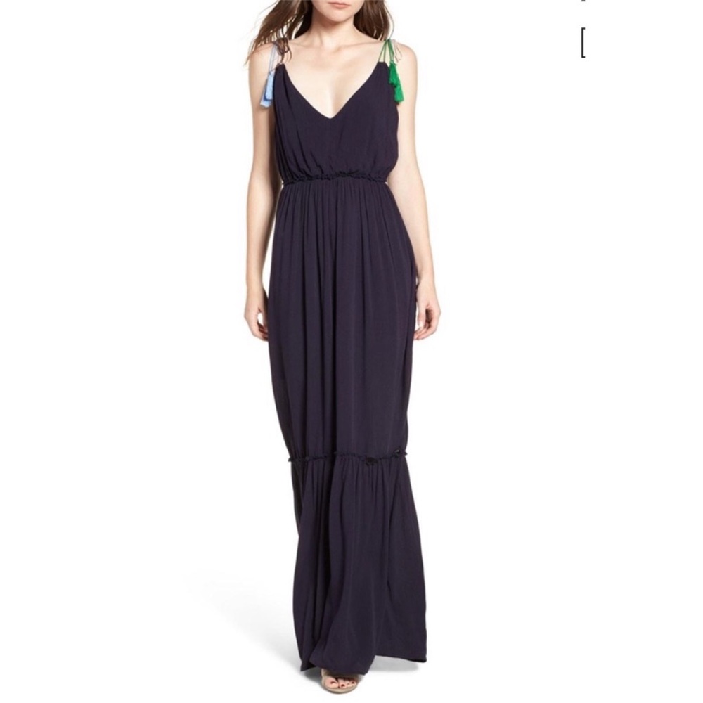 Cupcakes and Cashmere Navy Maxi Dress 4 Tassel Tie Straps Boho Casual Sum